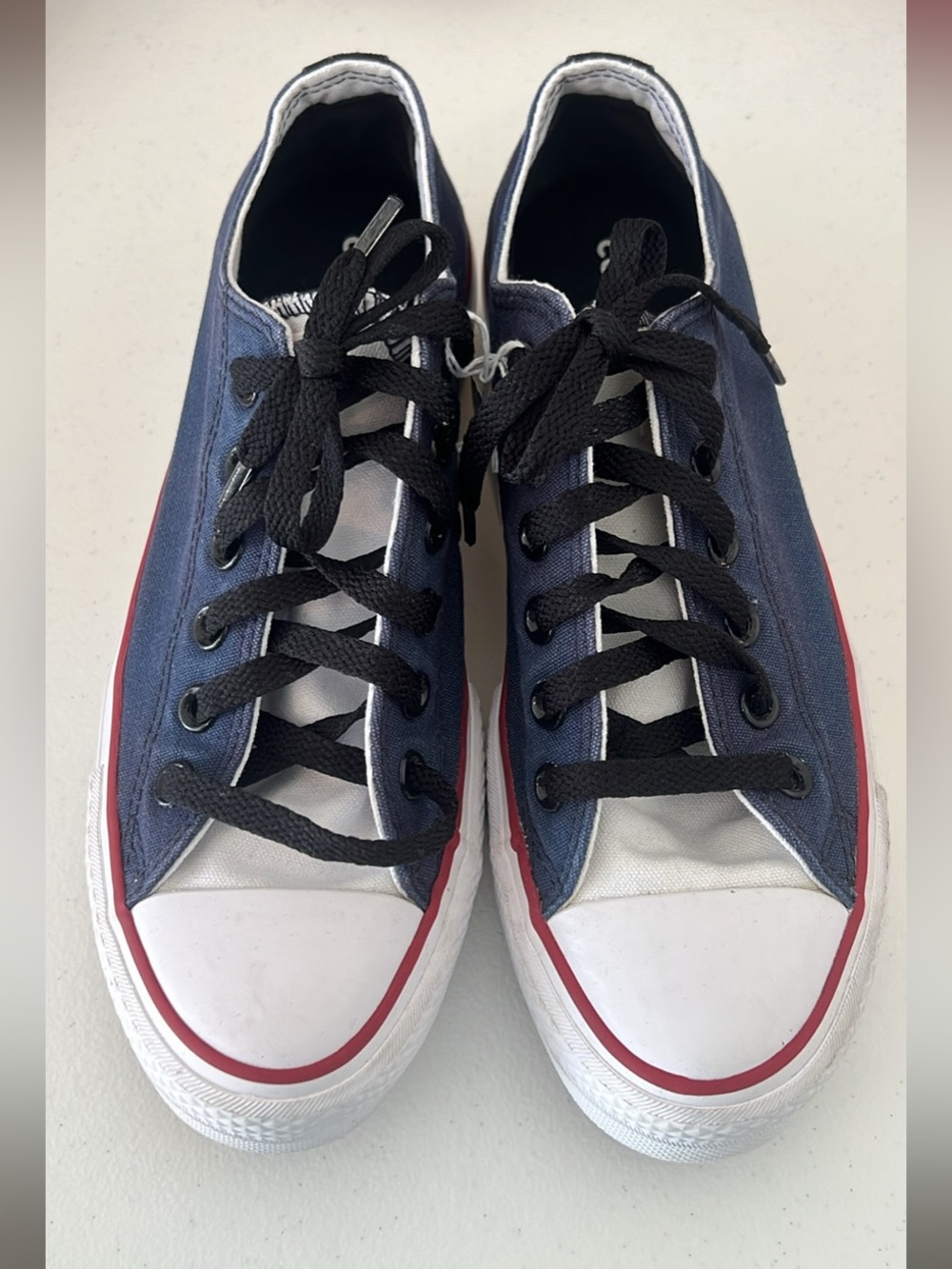 Custom Platform Navy Converse All Star Sneakers with Red Detail and Black Laces